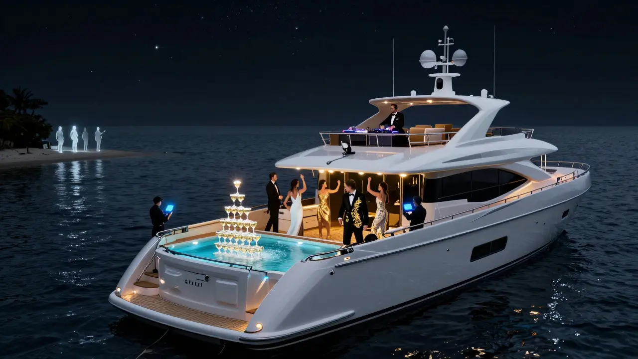 A private superyacht nightclub at sea, guests dancing under a helipad DJ set, champagne towers and glowing attire in moonlight.