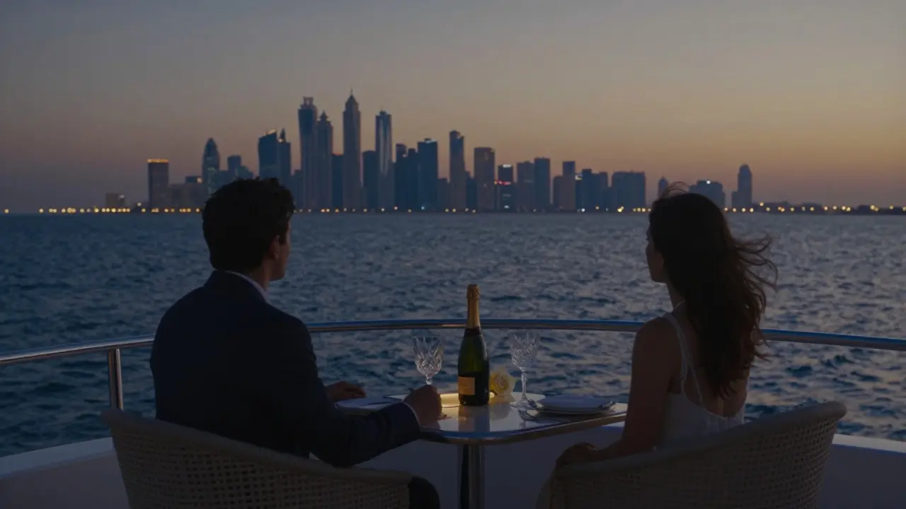 A private yacht at sunset with two figures seated quietly, champagne and rose on the table.