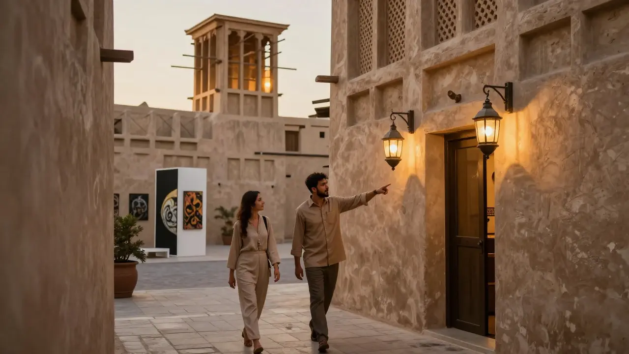 A professional companion points to a hidden art gallery in Dubai's historic Al Fahidi district, lantern light glowing softly.