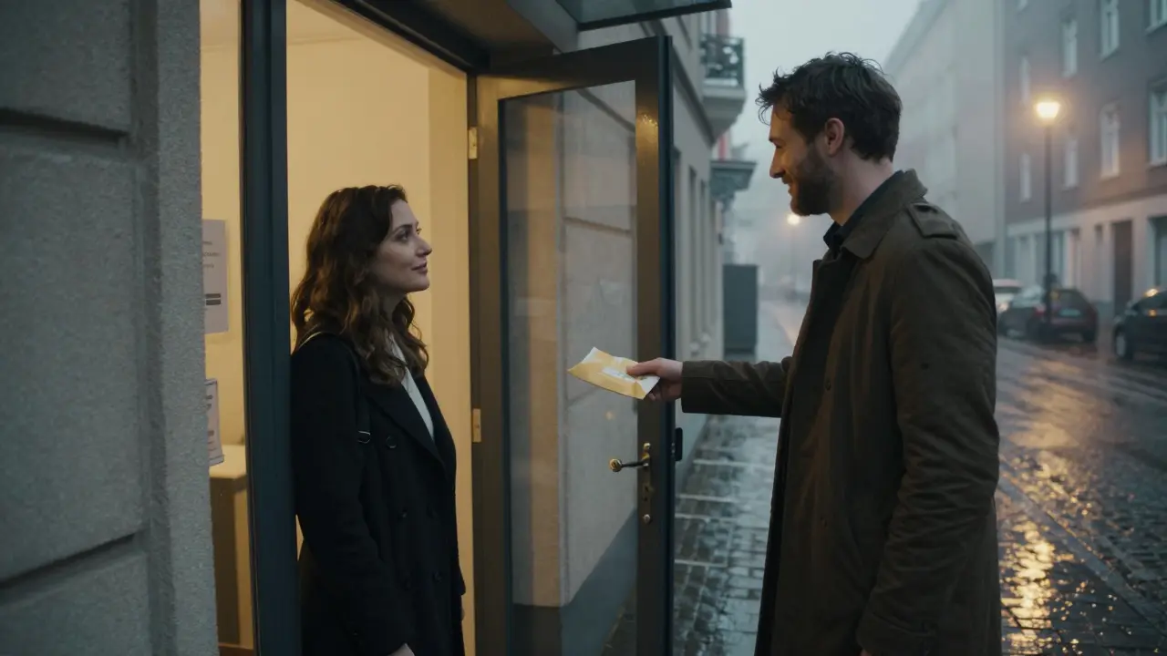 A punctual client handing payment to an escort at a Berlin doorway, both exchanging a quiet, respectful nod in the soft evening light.