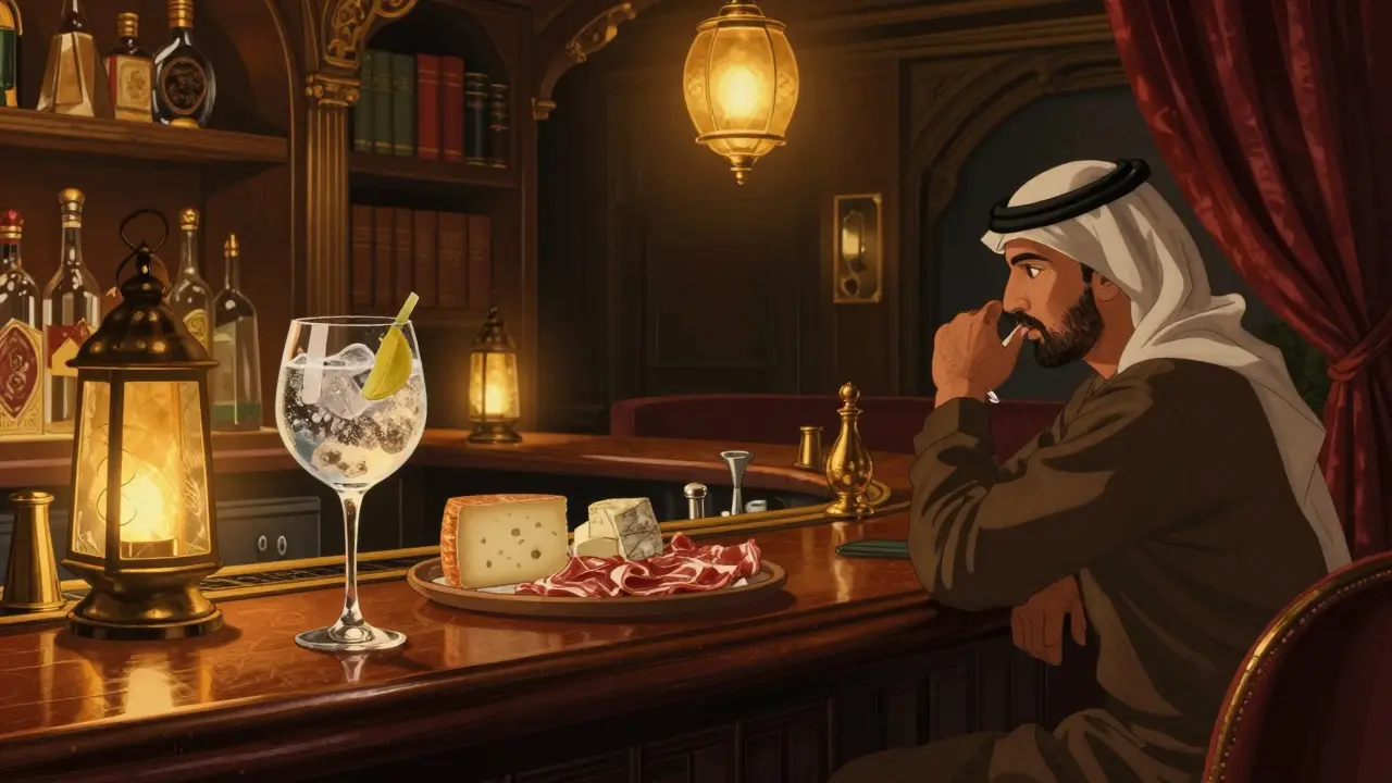 A quiet bar interior with gin and tonic and charcuterie platter under warm lantern light.