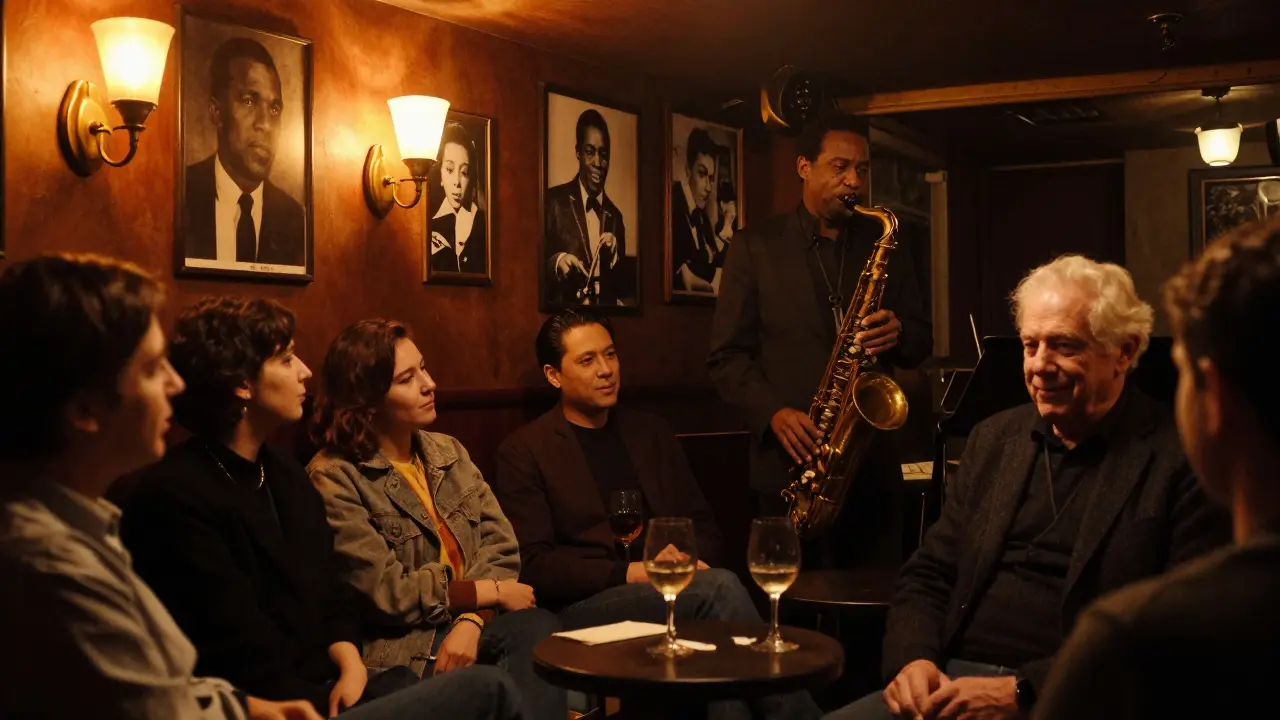 A quiet jazz club basement with vintage photos, a saxophonist playing, and patrons enjoying wine in soft light.