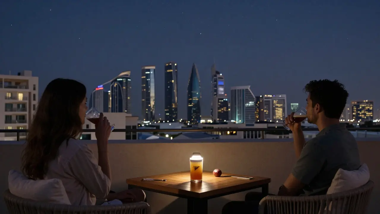 A quiet rooftop terrace with a crafted cocktail and city skyline under stars.