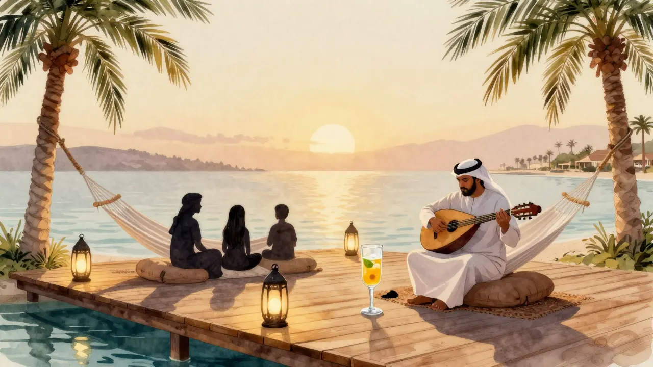A quiet wooden deck at La Perle Beach Club with lanterns and an oud player at golden hour.