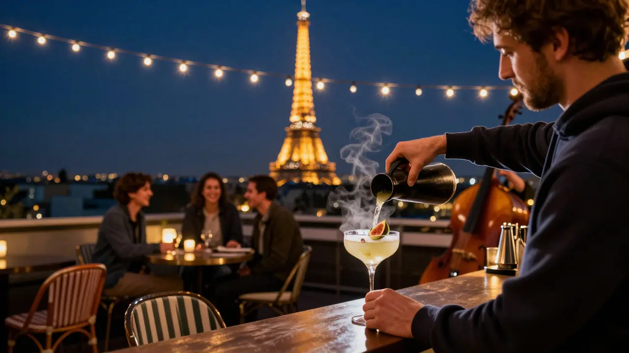 A rooftop bar at night with the Eiffel Tower in view, string lights, and a bartender pouring a seasonal cocktail.
