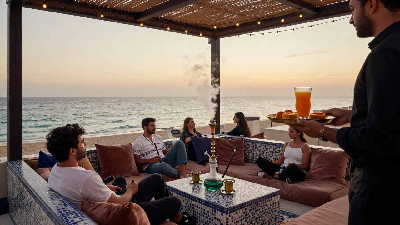 A rooftop shisha terrace at dusk with ocean views, velvet cushions, and fresh drinks served on a brass tray.