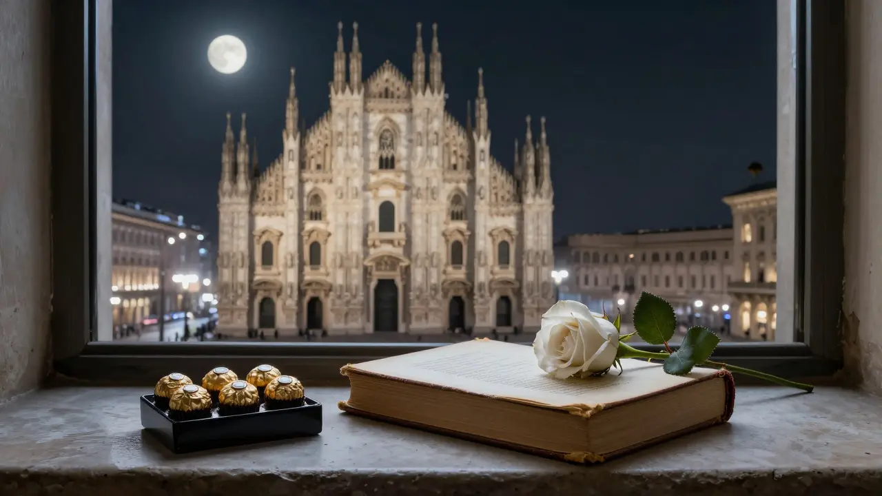 A rose and chocolates rest beside a book of Milanese poetry on a windowsill overlooking the Duomo at night.