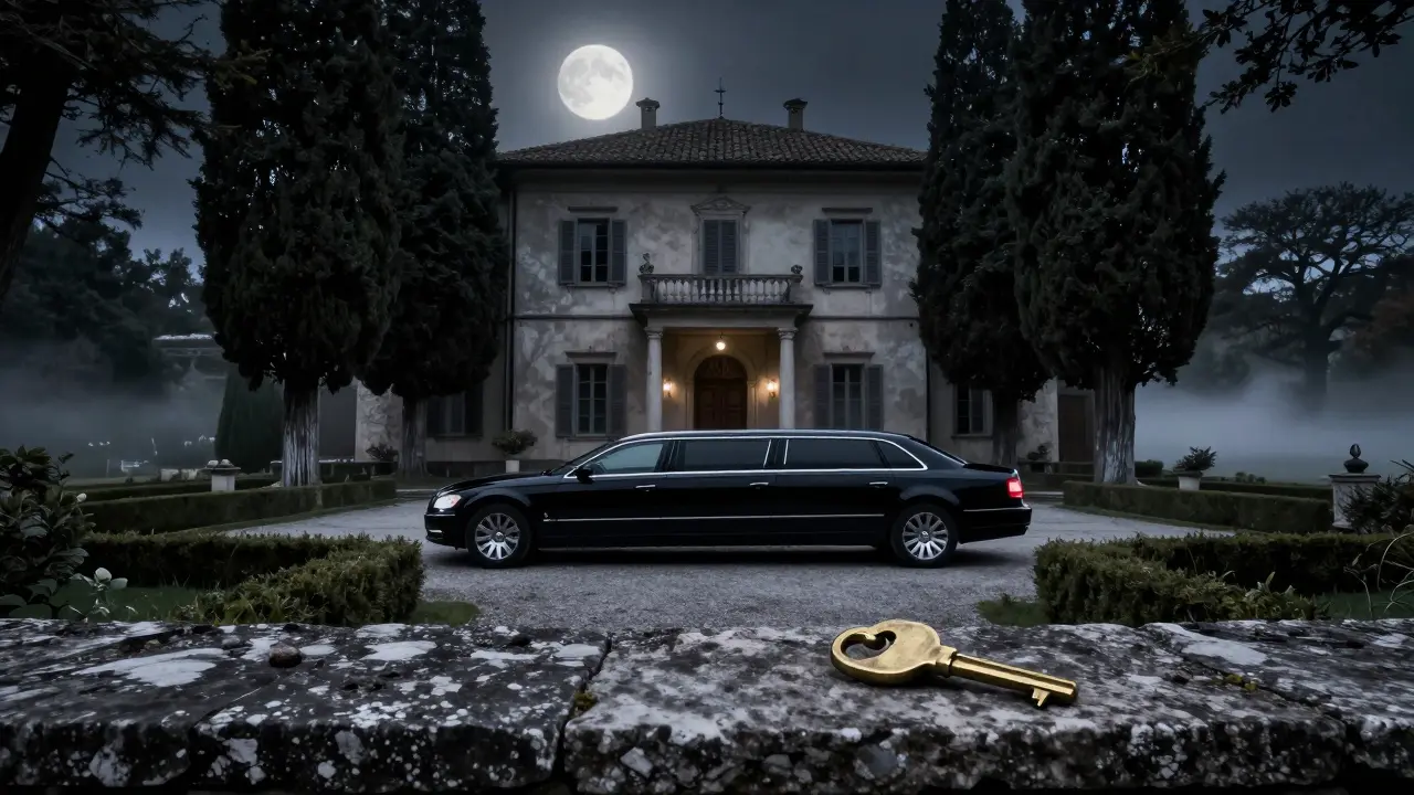 A secluded villa entrance at night, a black limousine parked under cypress trees under moonlight.