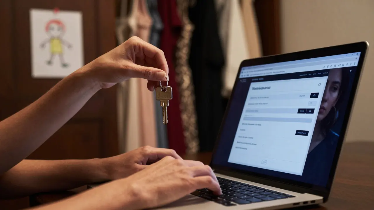 A woman's hands hold a key and laptop, reflecting her dual life between professional work and personal sacrifice.
