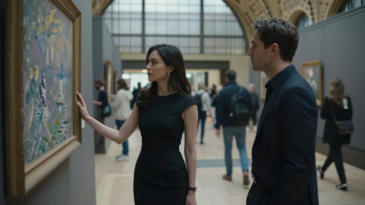 A woman in a black dress standing calmly beside a man in a museum, both lost in thought amid blurred art and visitors.