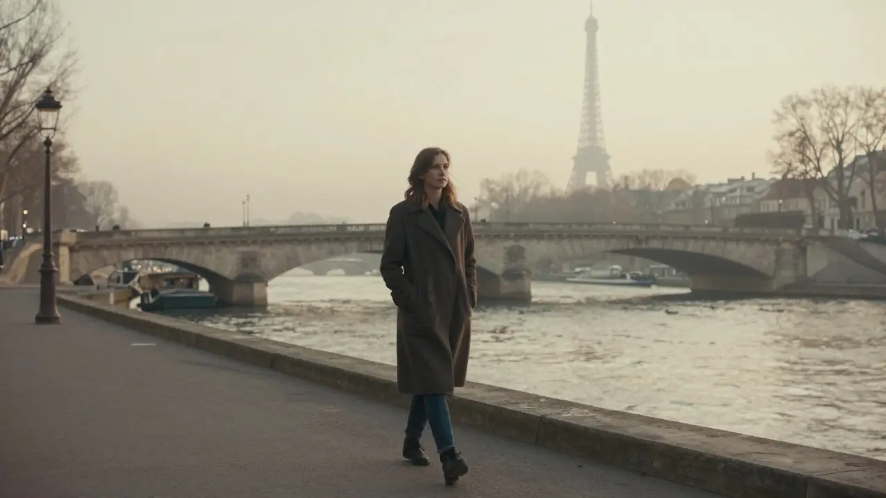 A woman walking alone along the Seine at dawn, mist rising, Eiffel Tower faint in the distance.