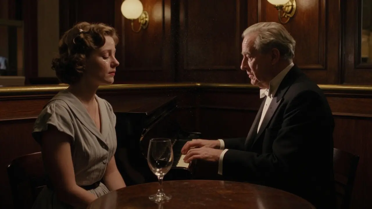 An elderly man plays piano in a dimly lit bar while a young woman listens quietly, tears in her eyes.