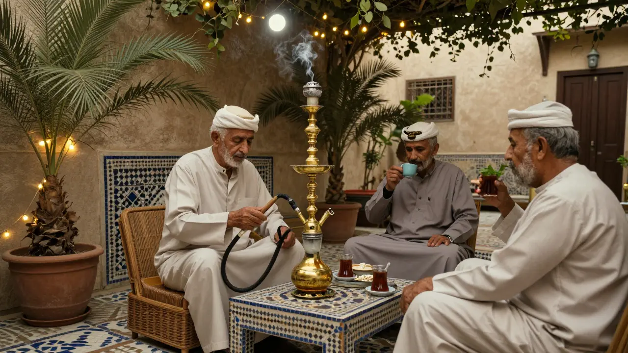 An elderly man preparing shisha in a quiet courtyard with string lights, potted palms, and locals sipping tea.
