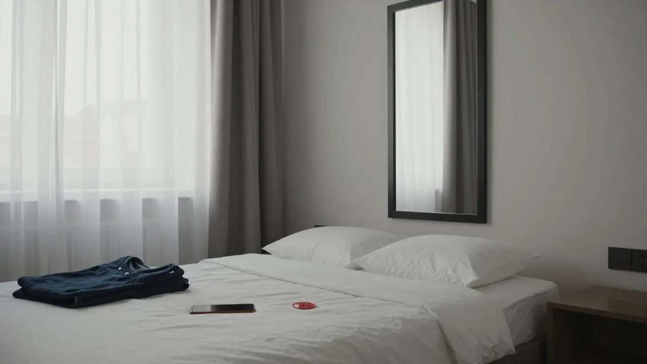 An empty hotel room in Berlin with folded clothes and a condom wrapper on the nightstand.