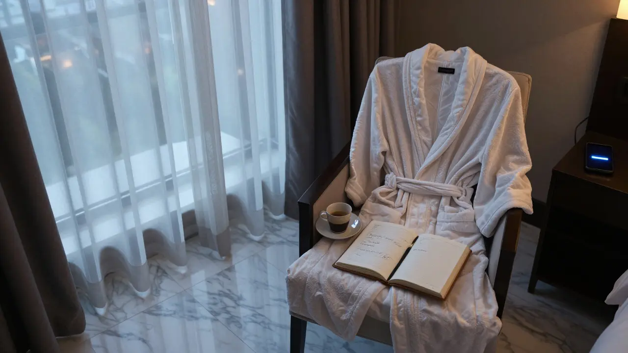 An empty luxury hotel suite at dawn, with a journal and encrypted phone revealing hidden routines.