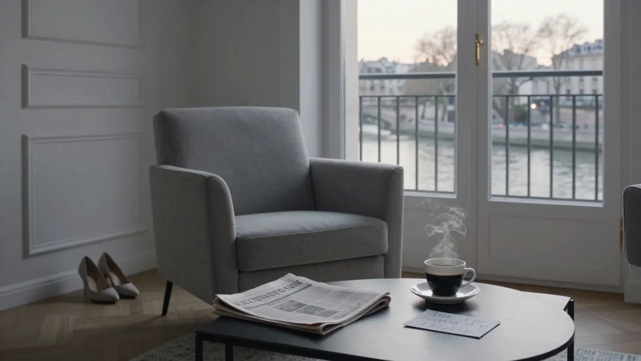 An empty Paris apartment at dawn with a coffee cup, folded note, and shoes by the door, suggesting a discreet departure.
