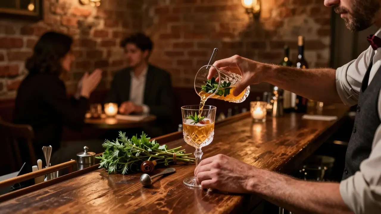 Bartender shaking a cocktail in a dimly lit speakeasy bar with brick walls.