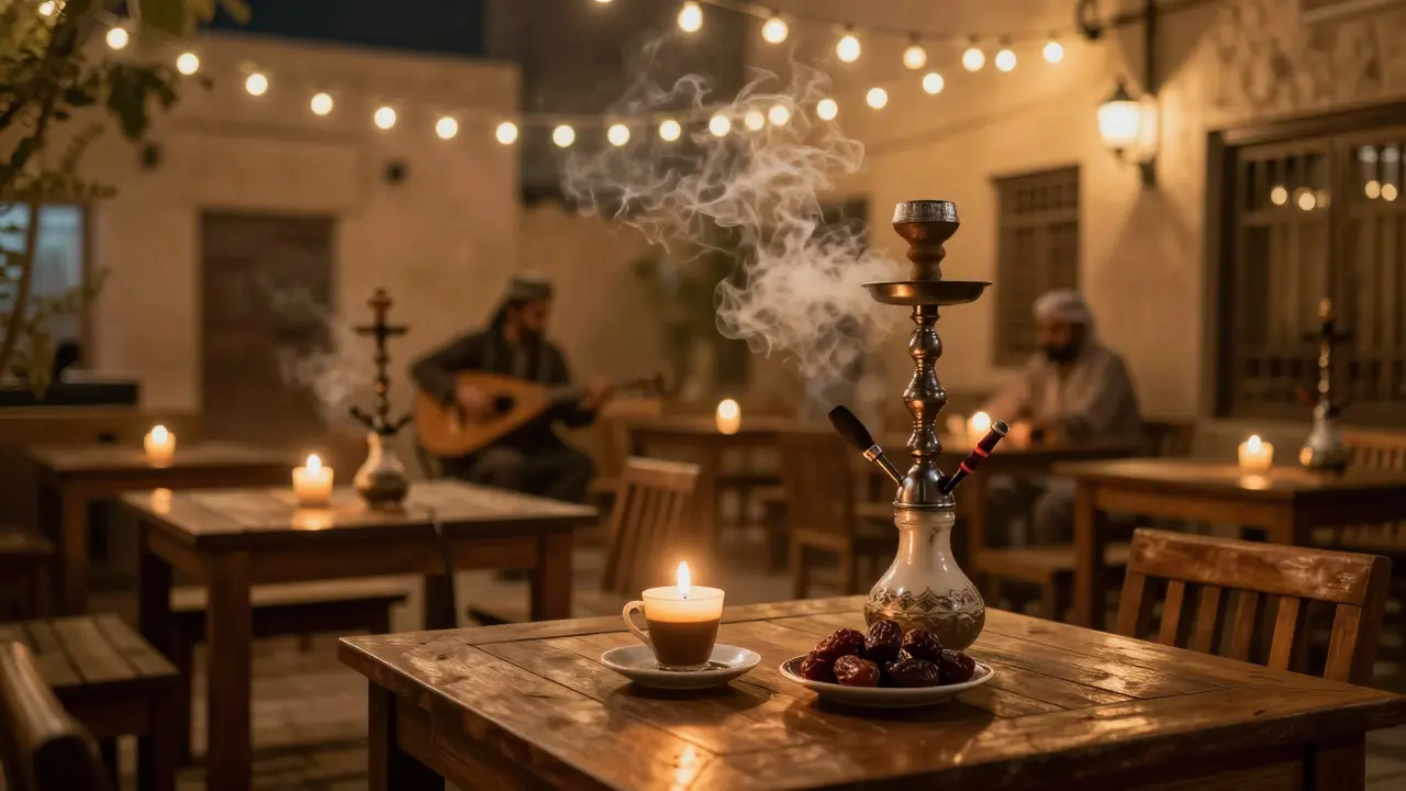 Candlelit terrace with shisha, Arabic coffee, and string lights in a quiet Emirati evening setting.