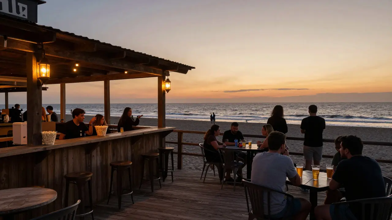 Casual beachside bar at sunset with patrons drinking beer and eating popcorn under string lights.