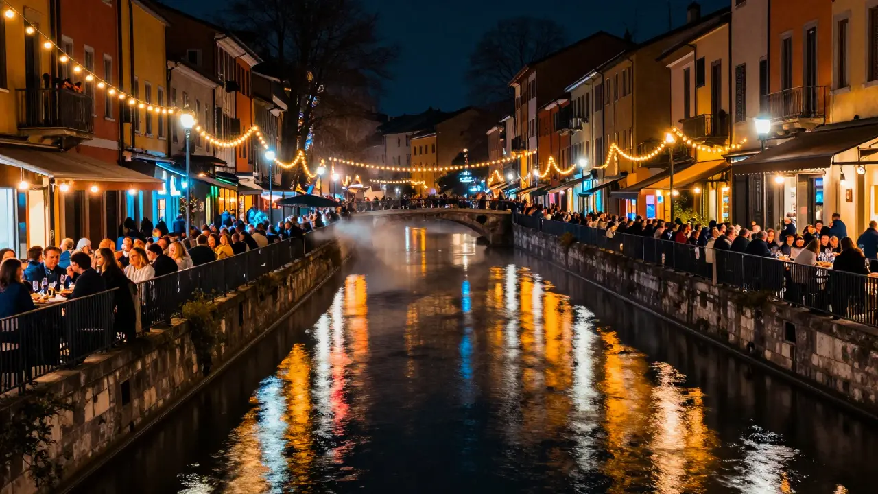 Colorful lights reflecting on canal water with crowds dining outdoors at night.