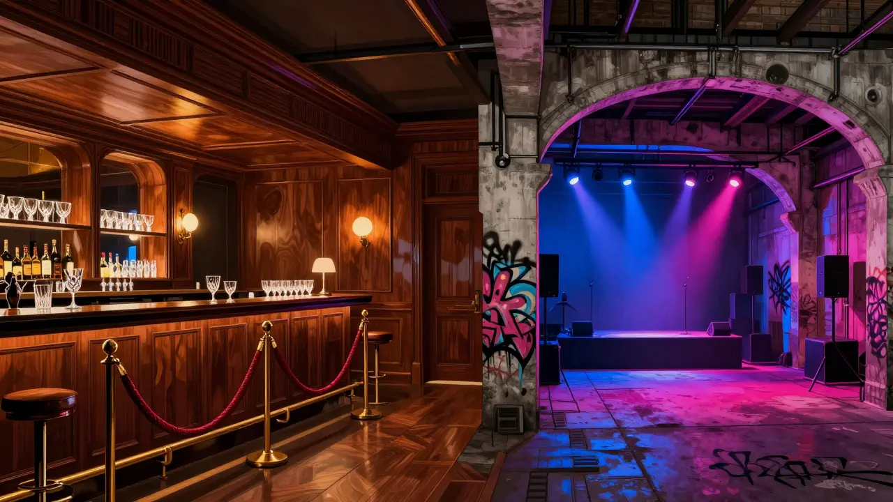 Contrasting elegant bar interior and industrial warehouse club spaces