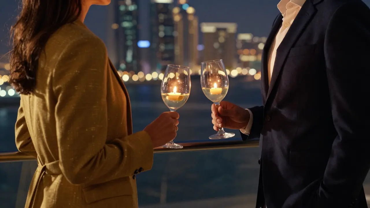 Couple in smart casual attire at a sophisticated lounge bar