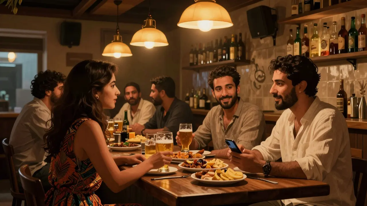 Cozy local bar on Al Maryah Island with patrons chatting over drinks and mezze, warm lighting, and multicultural atmosphere.