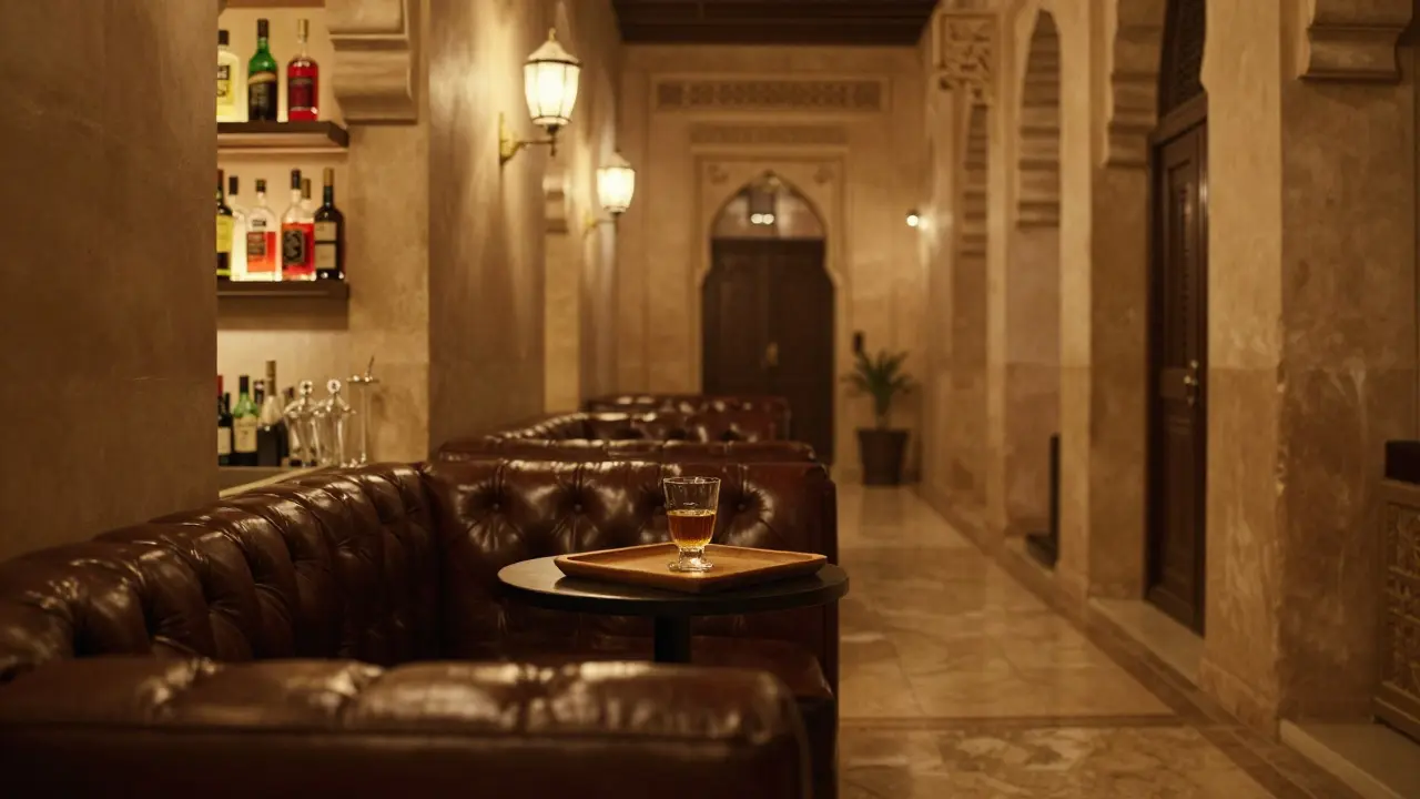 Cozy palace bar with leather couches and rare spirits, softly lit and serene.