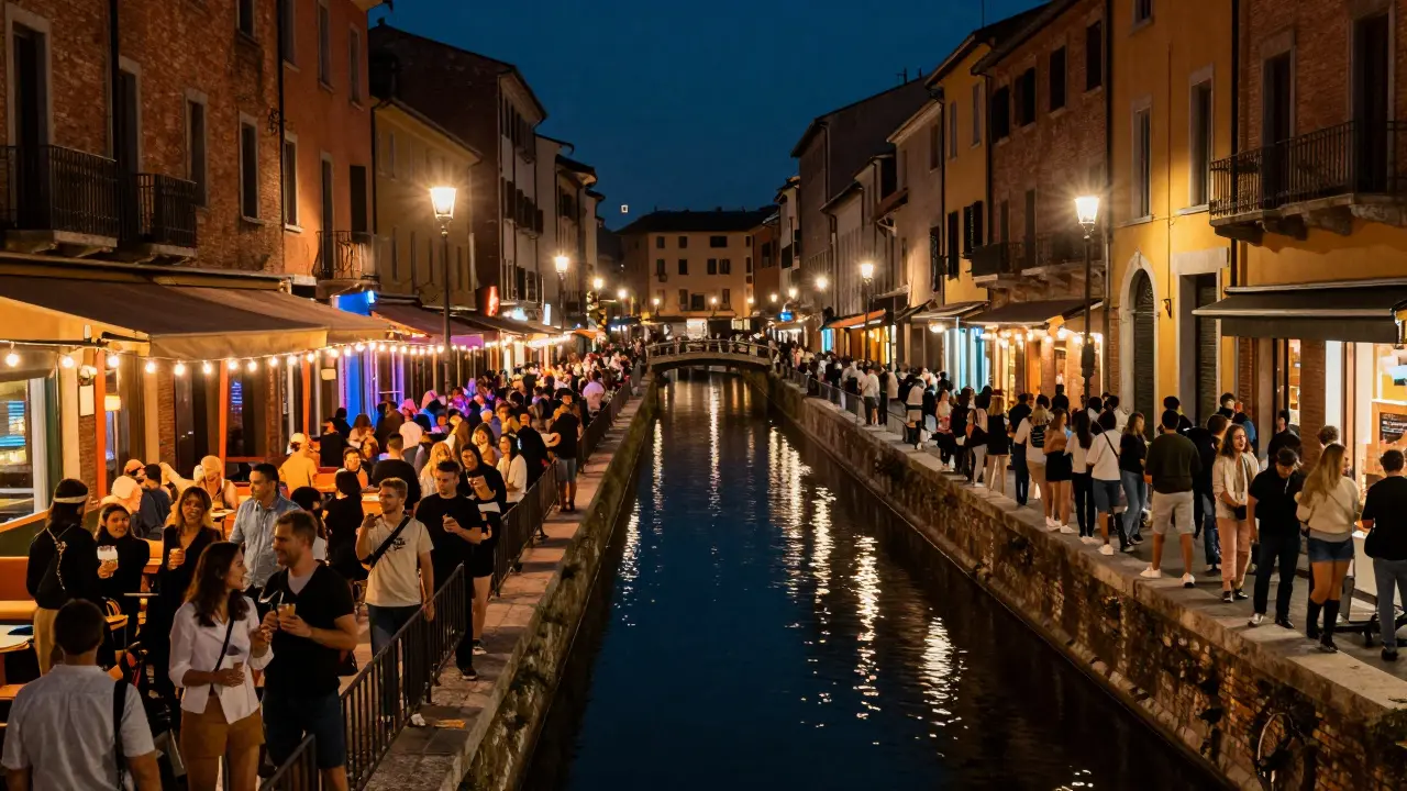 Crowded canal street in Navigli district with bar lights reflecting on water at night.