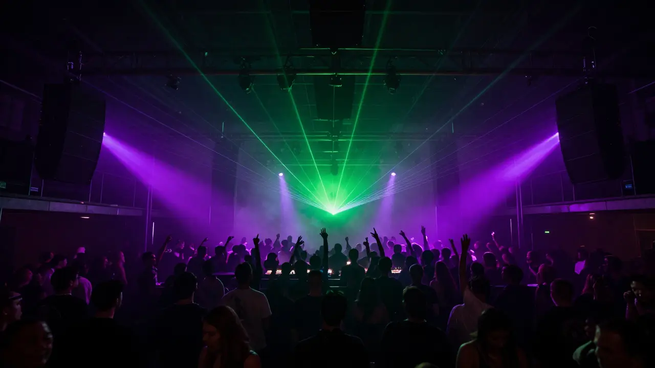 Crowded nightclub dance floor with laser lighting and massive speakers