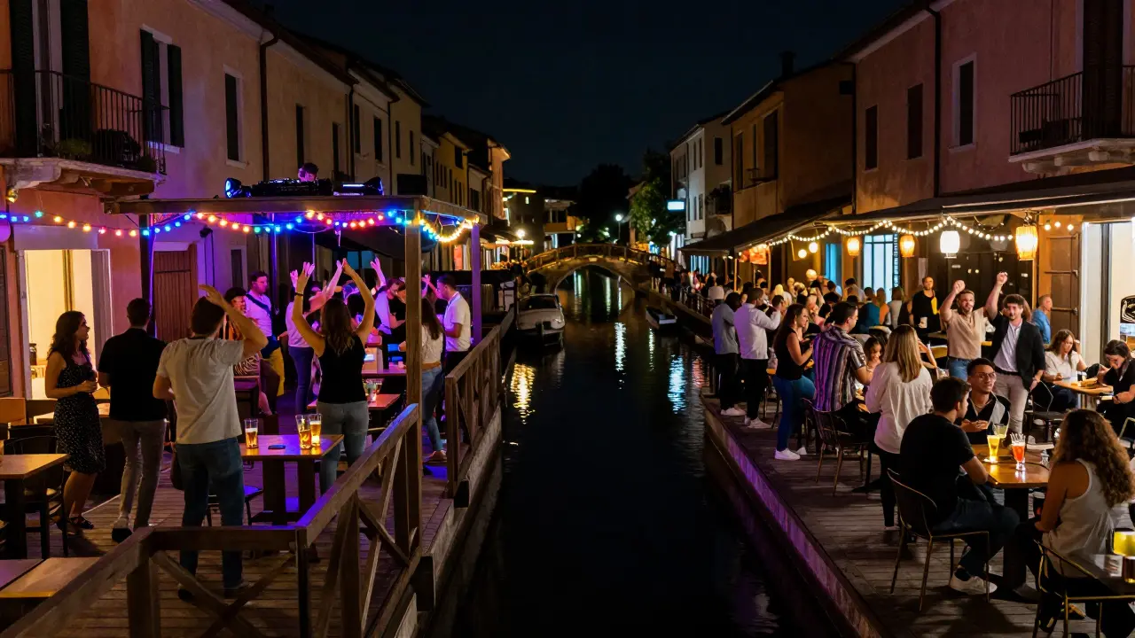 Crowds dancing along Milan's Navigli canal under string lights and neon reflections at night.