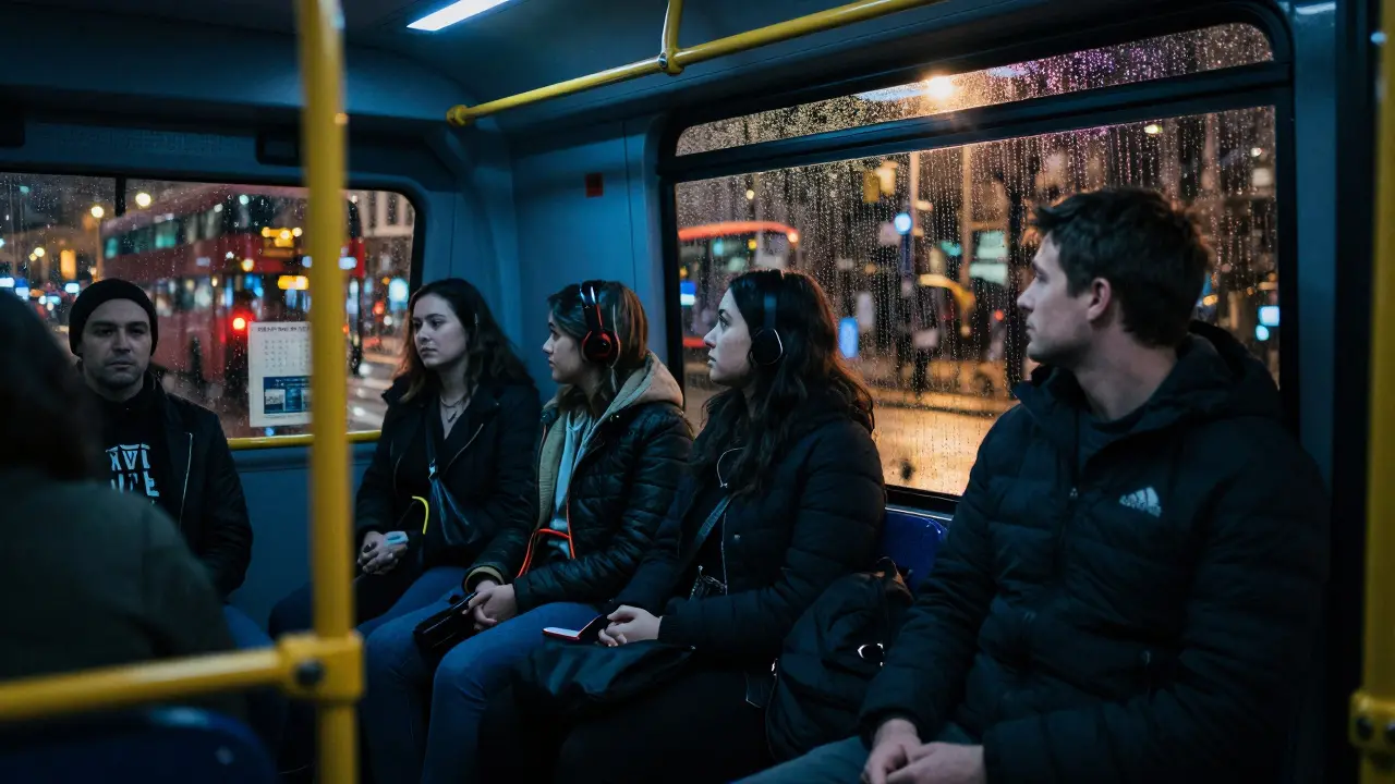 Diverse passengers on a late-night London bus, glowing streetlights reflecting through the windows.