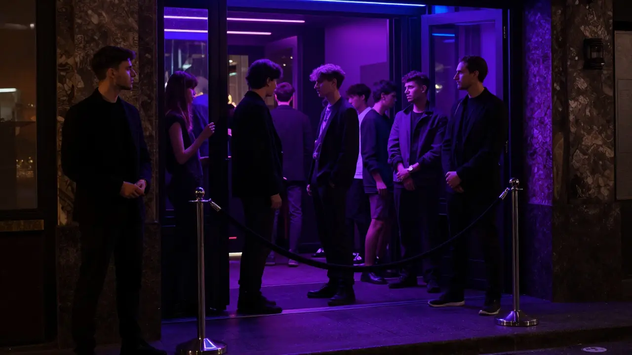 Fashionable people entering an upscale nightclub in Milan under neon lights.
