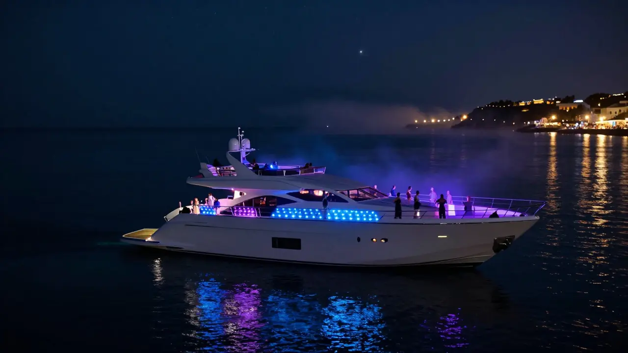 Floating yacht at night with glowing LED lights, people dancing on deck under stars and harbor reflections.