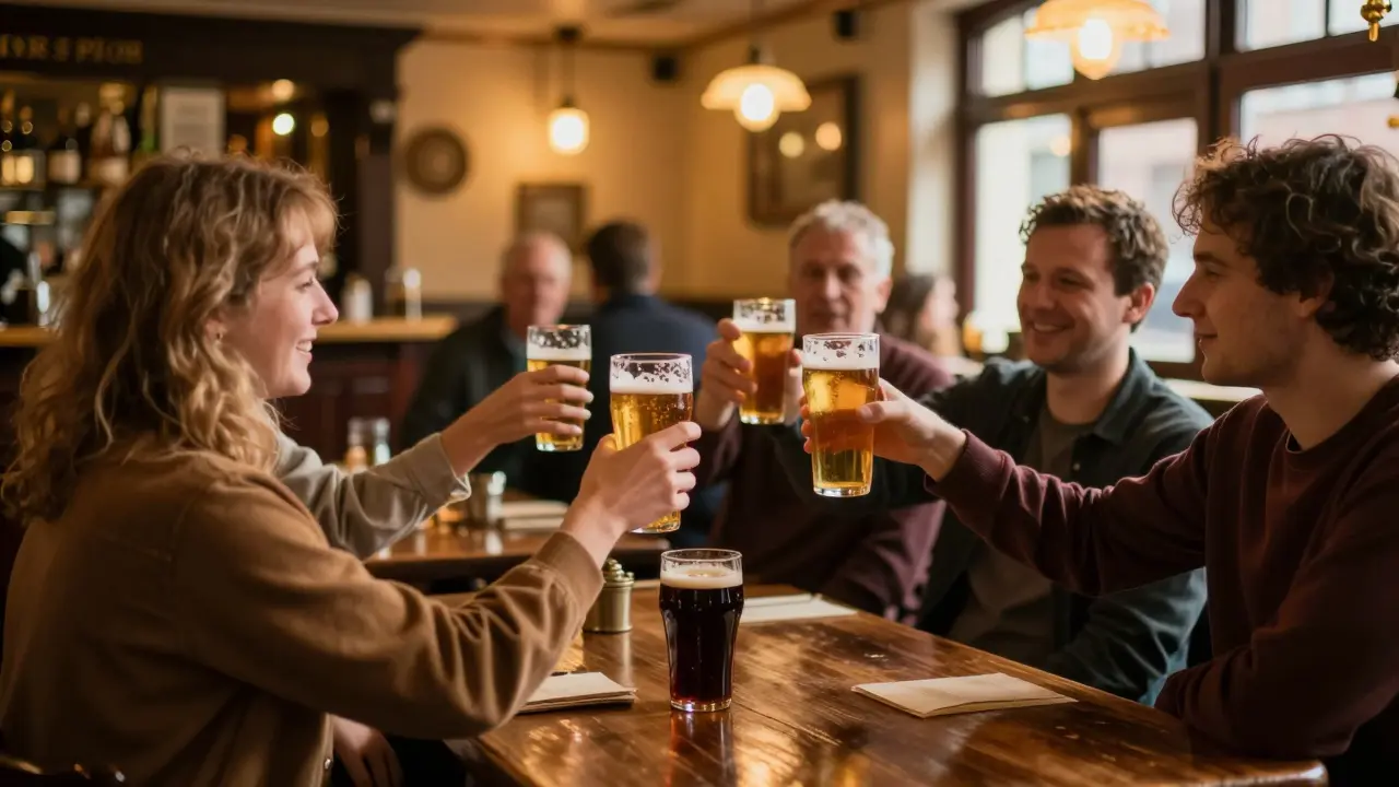 Friends drinking pints in a warm traditional British pub interior.
