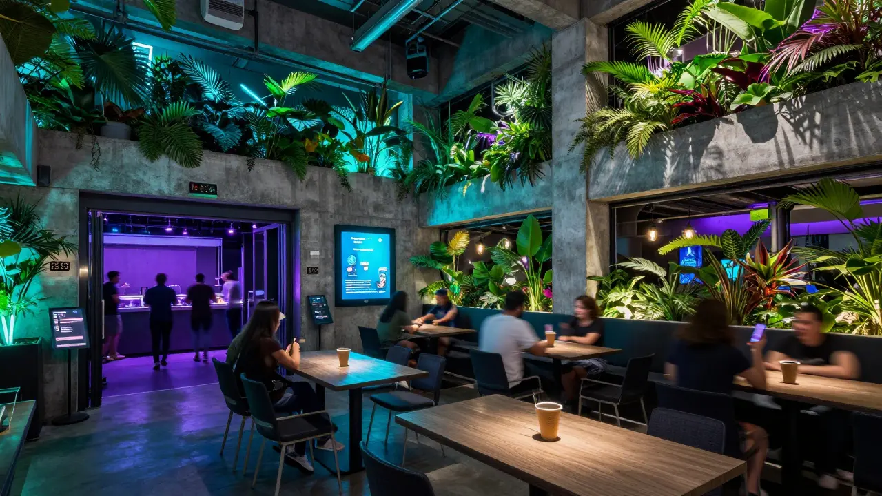 Futuristic nightclub interior with eco-friendly decor and smartphone NFC entry.