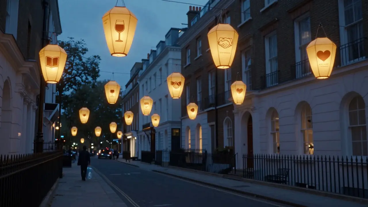 Glowing lanterns above London neighborhoods symbolize diverse escort profiles matched to client needs.
