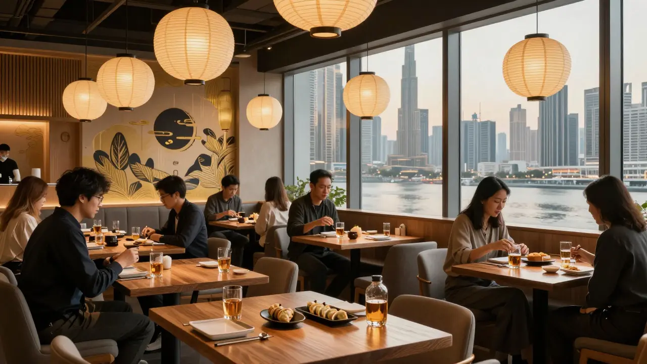 Guests at a high-end Japanese restaurant in Dubai sipping whiskey and eating gyoza during happy hour with city views.