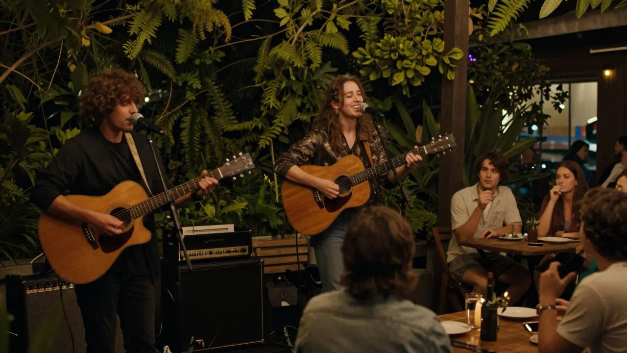 Indie band performing live on outdoor garden terrace