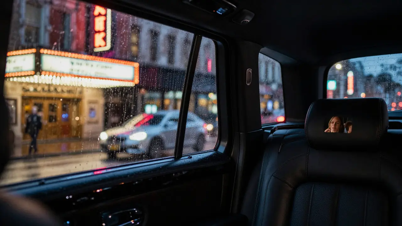 Inside view of luxury car with city lights outside.