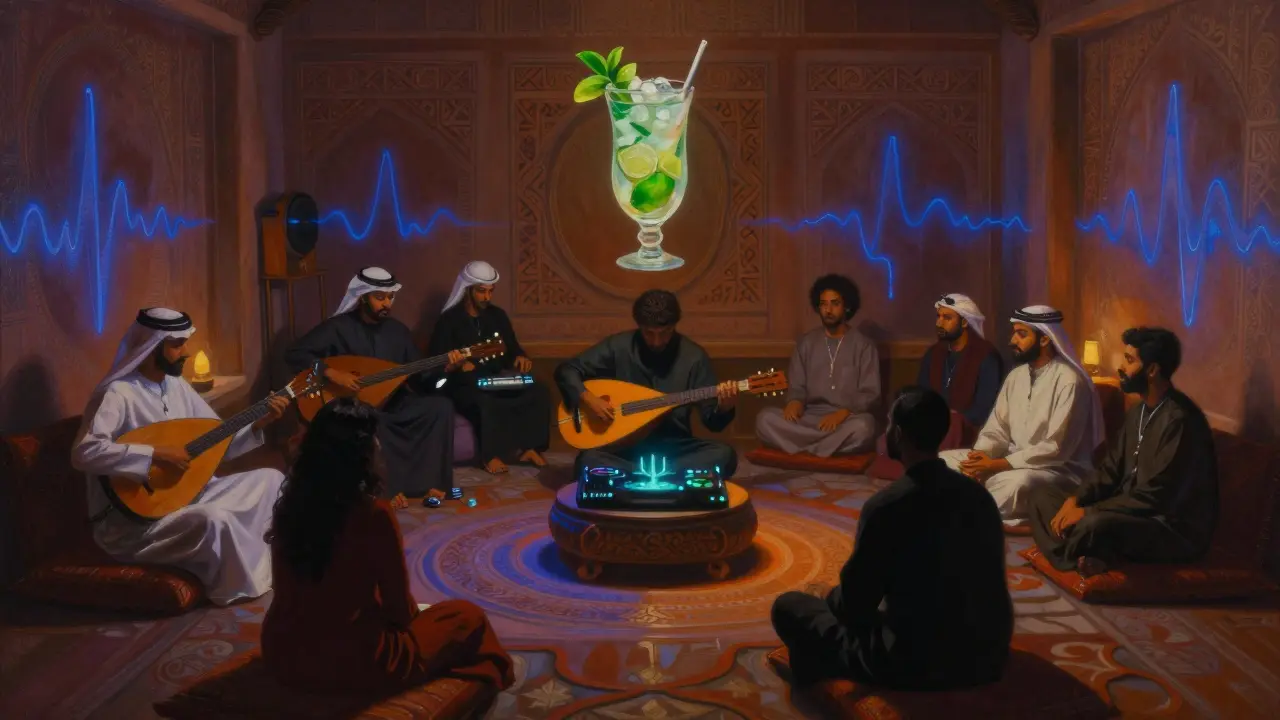 Intimate Arabic fusion music venue Al Funoon with live performers and glowing electronic visuals.