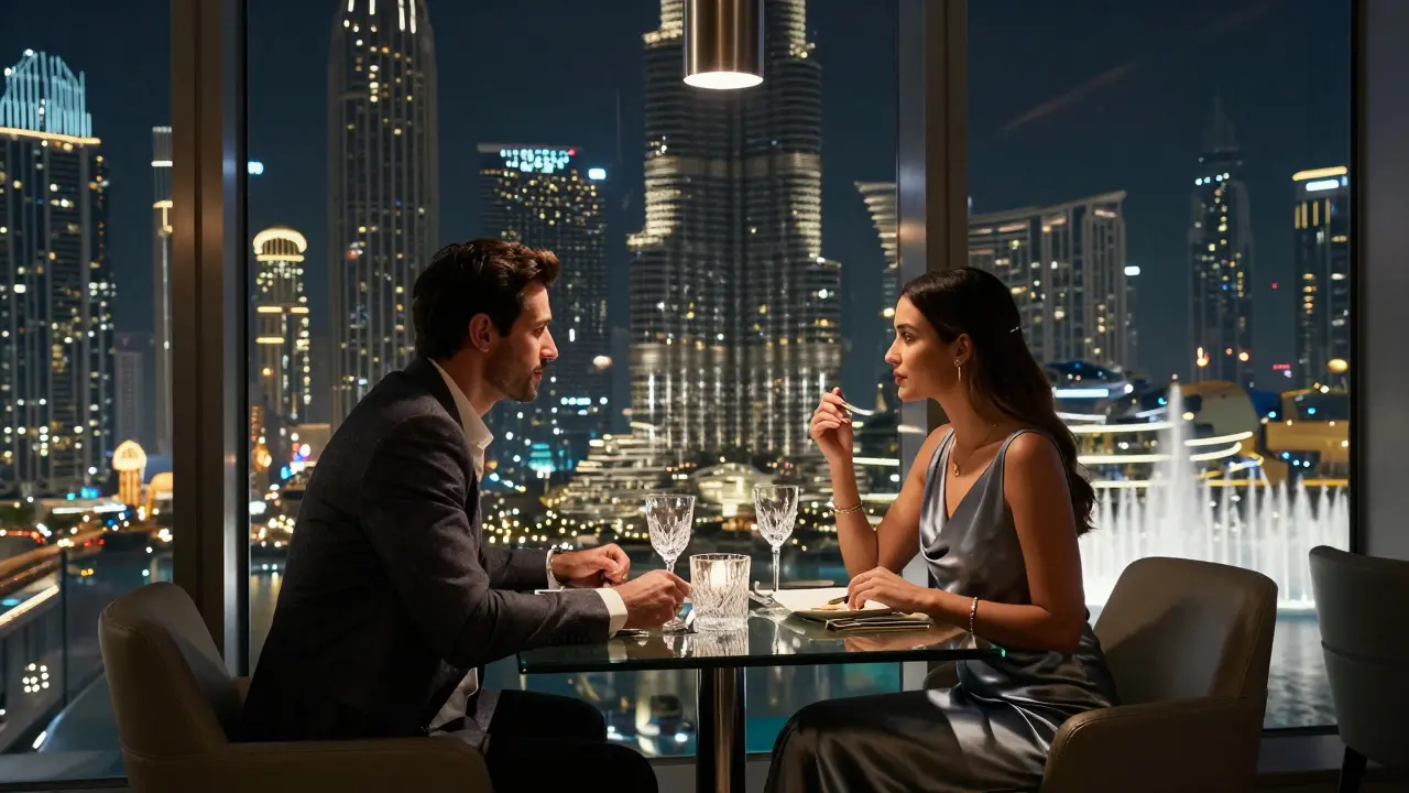 Intimate dinner at At.mosphere restaurant with city lights reflecting off glassware and elegant attire.