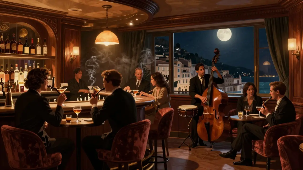 Intimate jazz bar in a 1920s villa with a live trio playing under warm lights and patrons enjoying cocktails in quiet conversation.