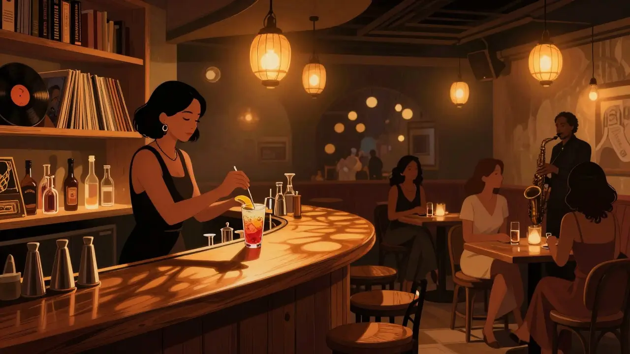 Intimate underground jazz lounge with female mixologist and women listening to live music.