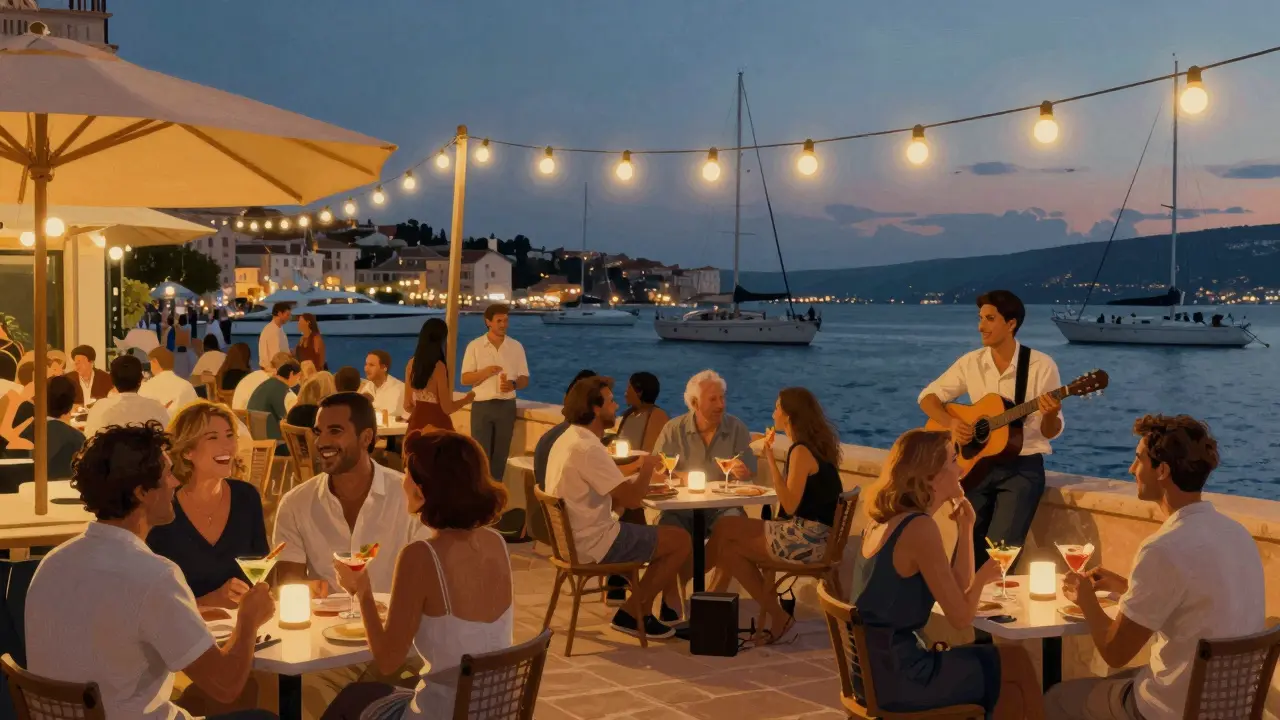 Locals laughing at Le Rascasse bar with yachts in the background, string lights and guitar music filling the night.