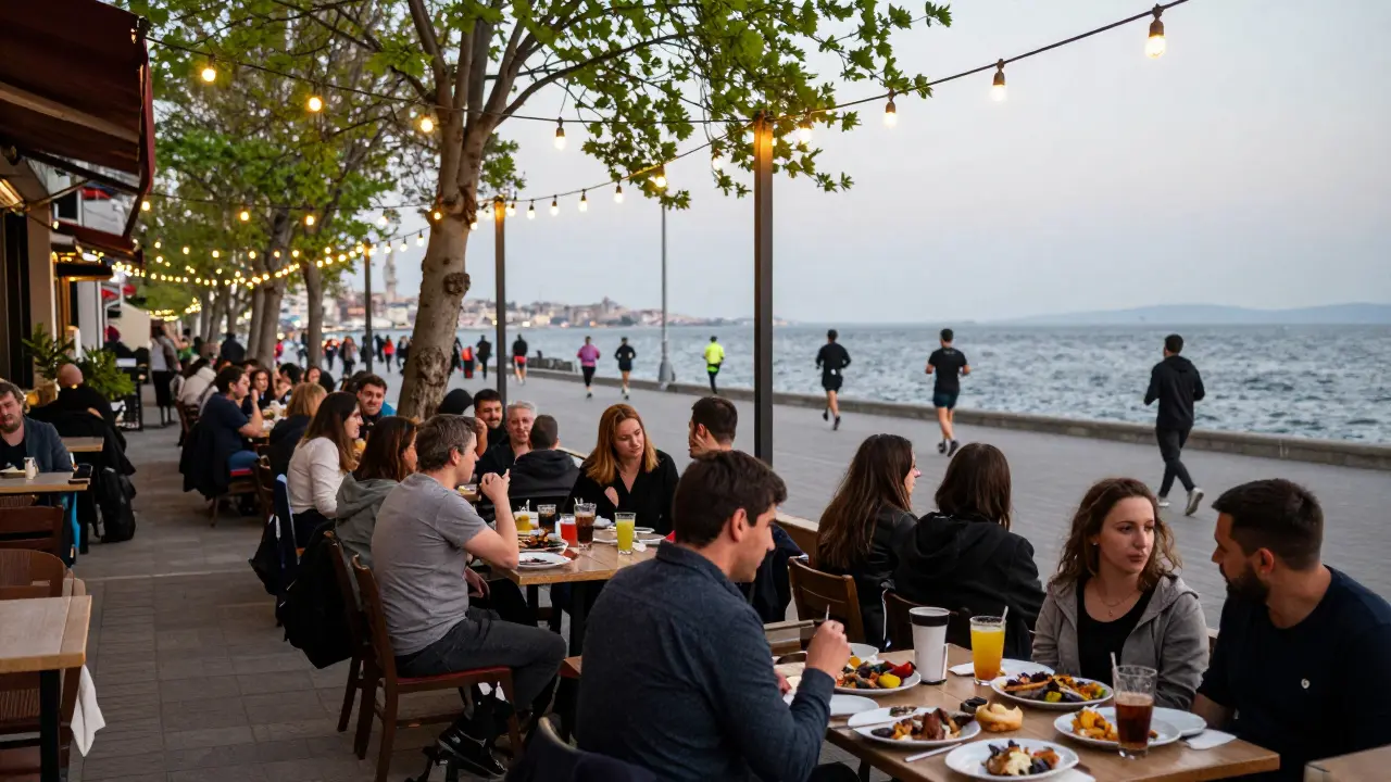 Locals socializing at an outdoor tavern in Kadykoy during spring.