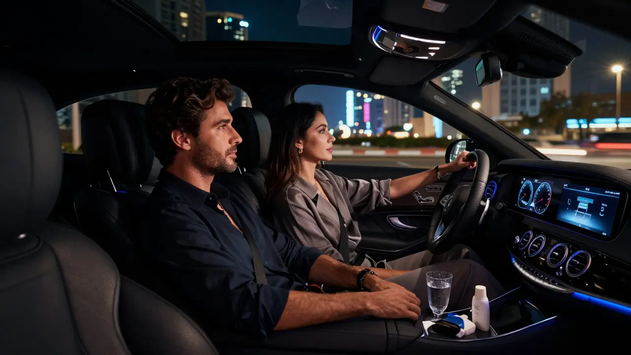 Luxury car ride through Dubai at night with couple relaxed in backseat, chauffeur discreetly driving.