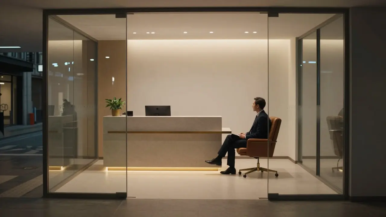 Minimalist office reception with one person sitting