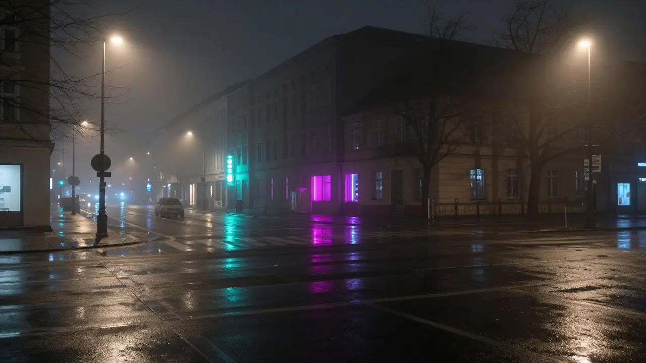 Moody Berlin street at night with neon reflections
