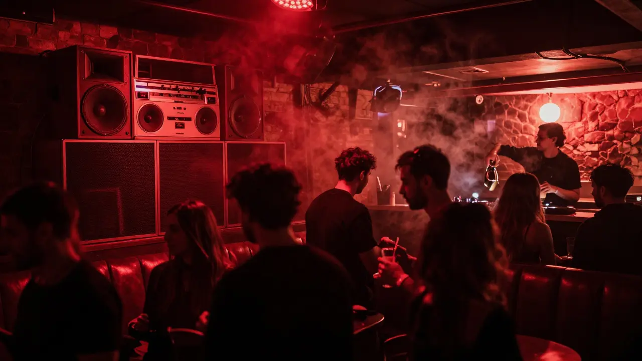 People dancing in a dimly lit, atmospheric Milan nightclub with a powerful sound system.